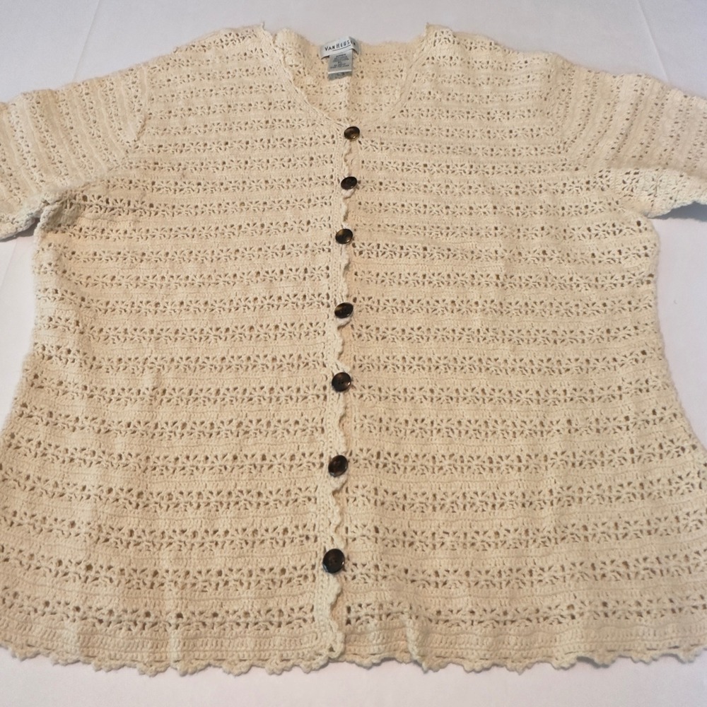 Van Heusen Cream Crochet Knit Cardigan Short Sleeve Ramie Cotton XL - Picture 2 of 7